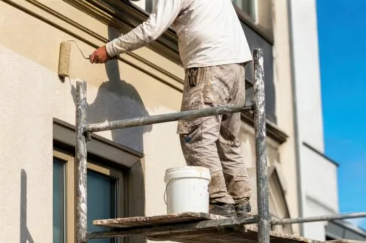 Painter on scaffolding rolling a two-story stucco wall in Santa Clarita